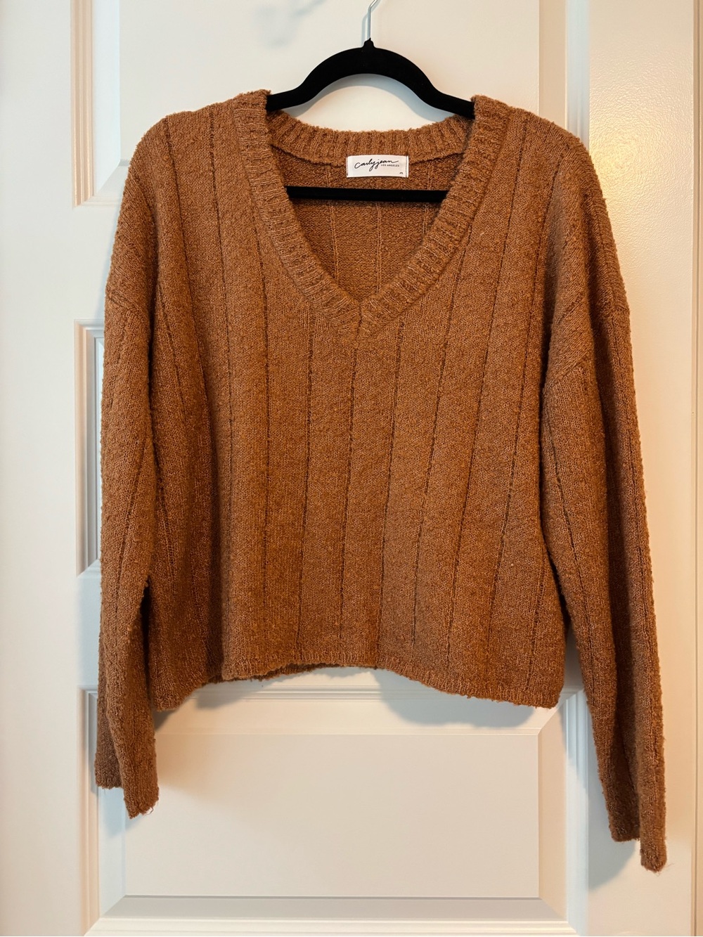 Carly Jean Los Angeles Cropped V-Neck Ribbed Sweater in Camel M